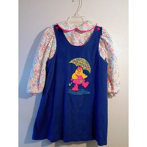 Picture Me Girls Blue Corduroy Dress Duck Umbrella Swirl Print Blouse Set Size 6